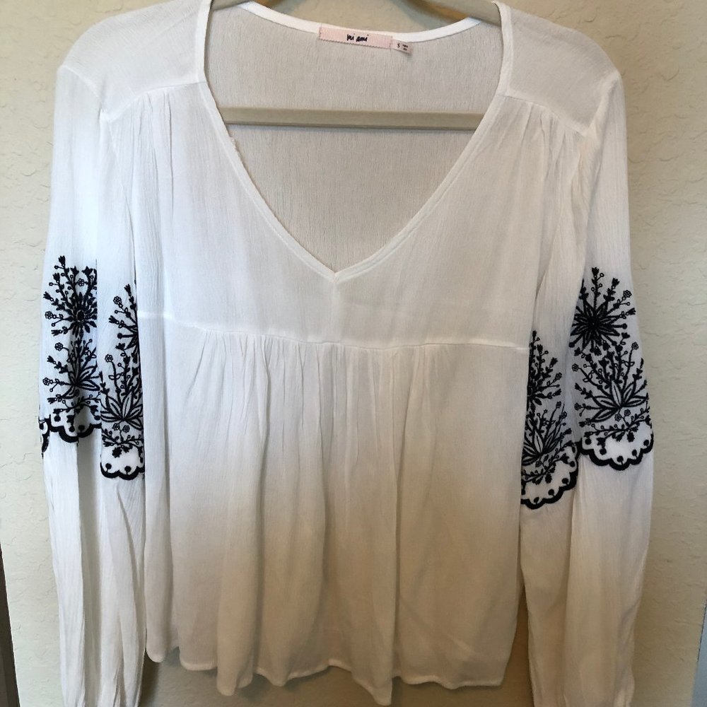 Francesca's White Embroidered Long Sleeve Top